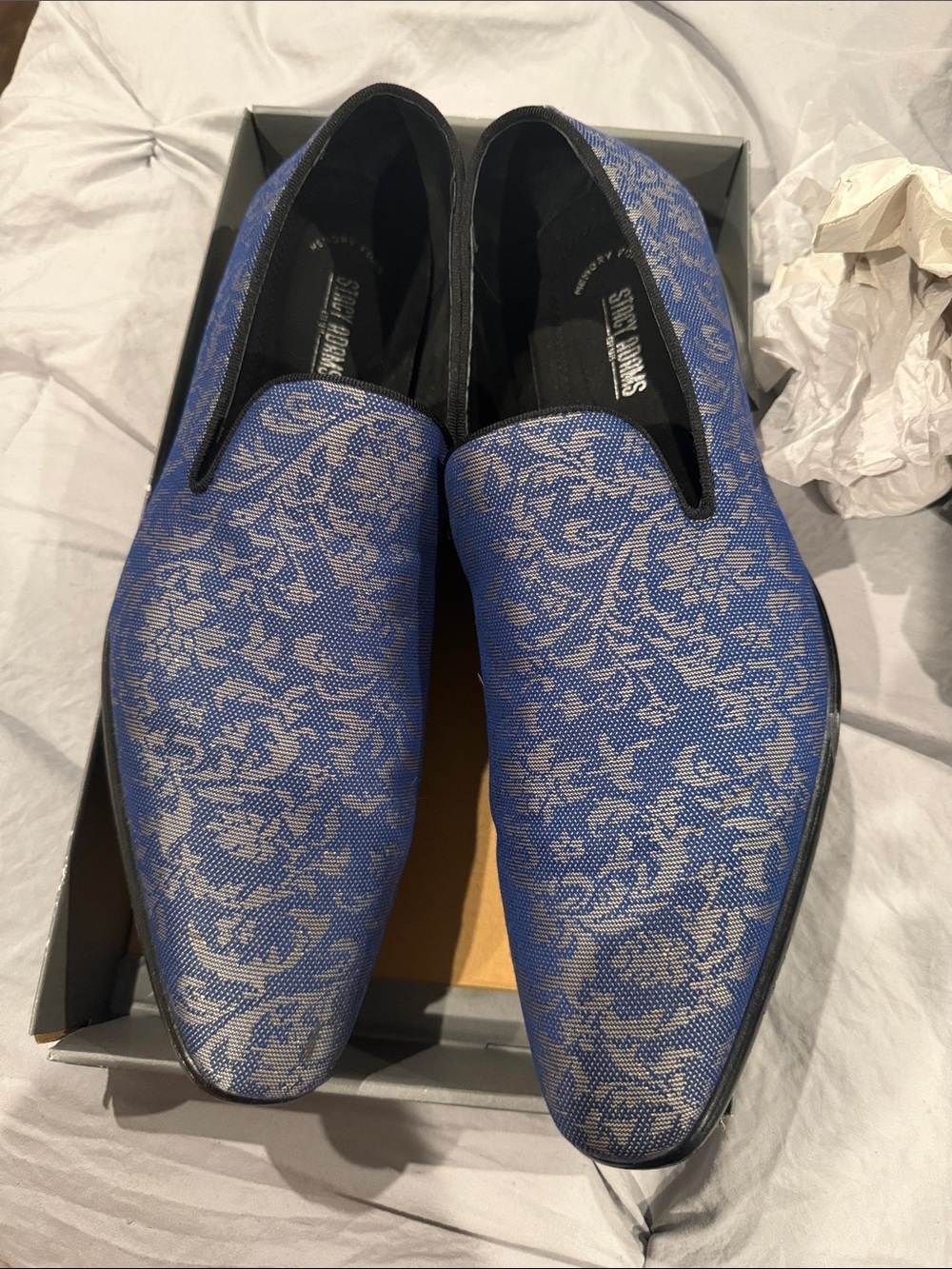 Stacy Adams Blue and Silver Floral Jacquard Slip-On Loafers